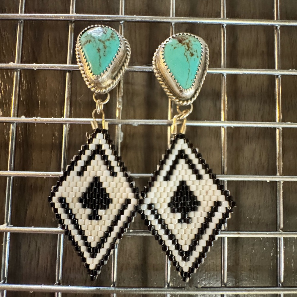 Custom Sterling Silver and Real Turquoise and Hand Beaded Wild Spade Earrings
